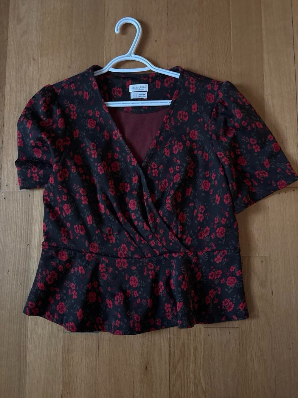 Laurence Kazar Black Top with Red Floral Wrap Peplum